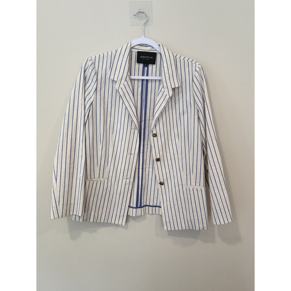Lafayette 148 New York Blue Striped Cotton Linen Blend Blazer Jacket Size 6 1975
